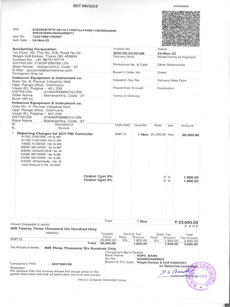 Invoice-22108 - Indeecon Equipment - Repair Charges For PID Controller ...