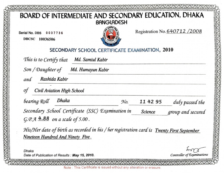 SSC Certificate - Dhaka Board 2010 | PDF | Educational Assessment And ...