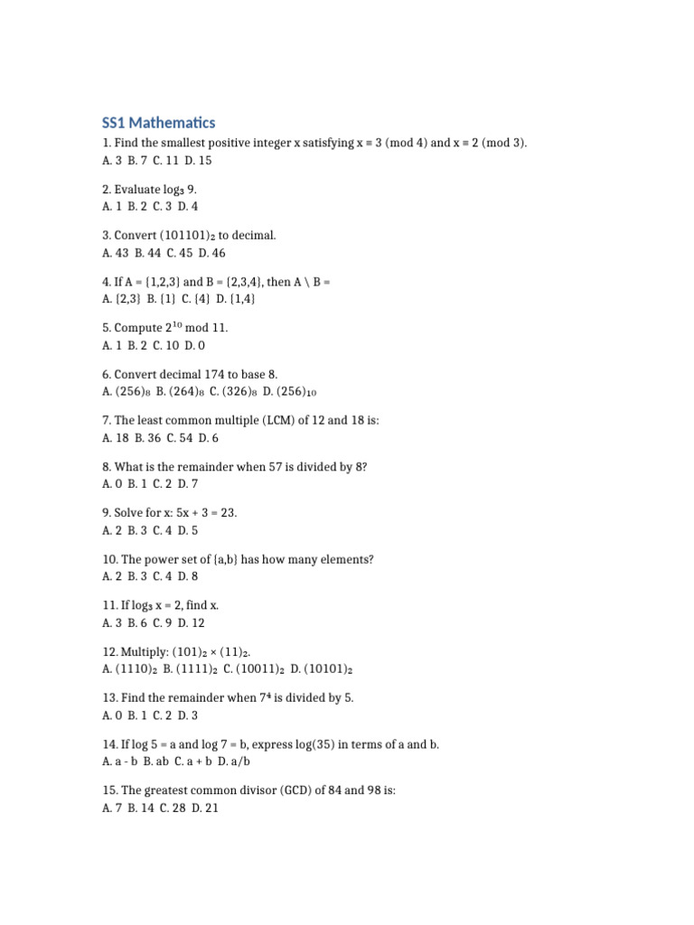 SS1 Mathematics Problem Set | PDF | Mathematics | Number Theory