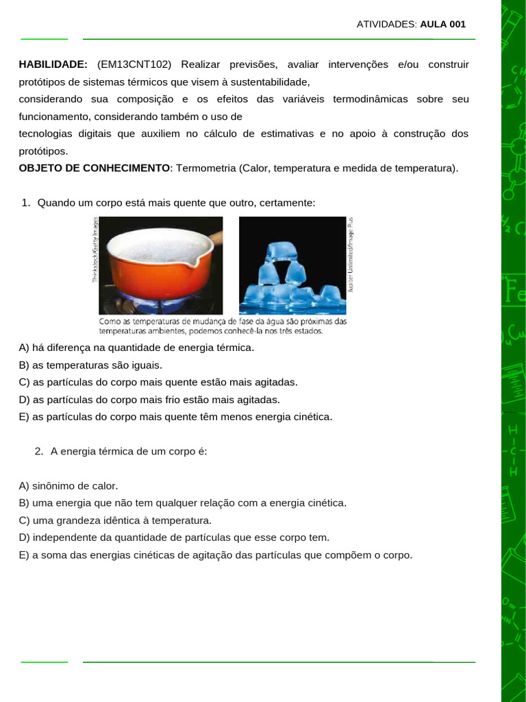 Atividades de Termometria e Calor | PDF | Calor | Temperatura