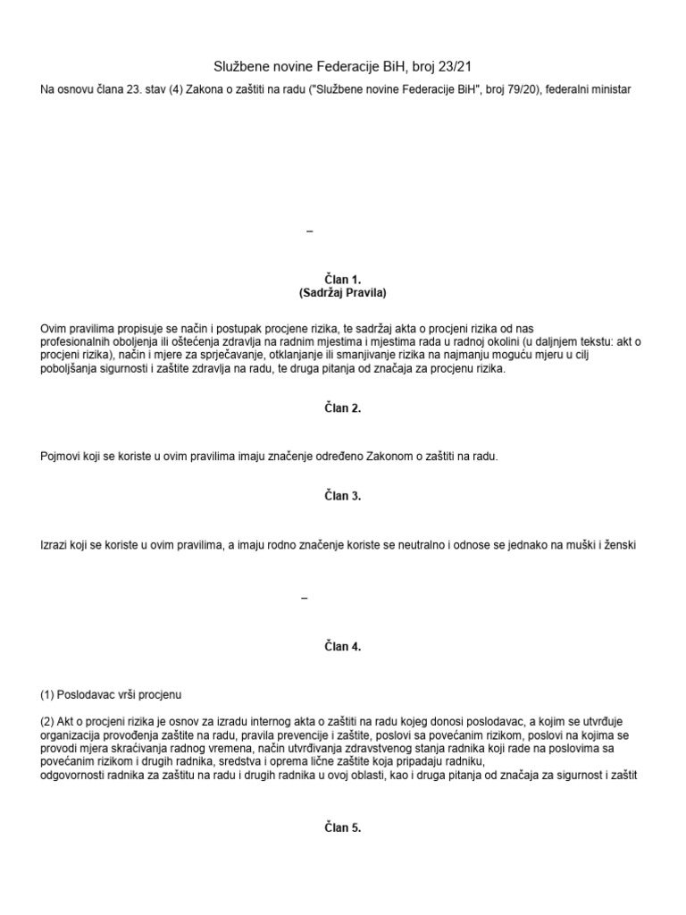Pravila_o_procjeni_rizika_sluzbene_novine_fbih_broj_23_21 | PDF
