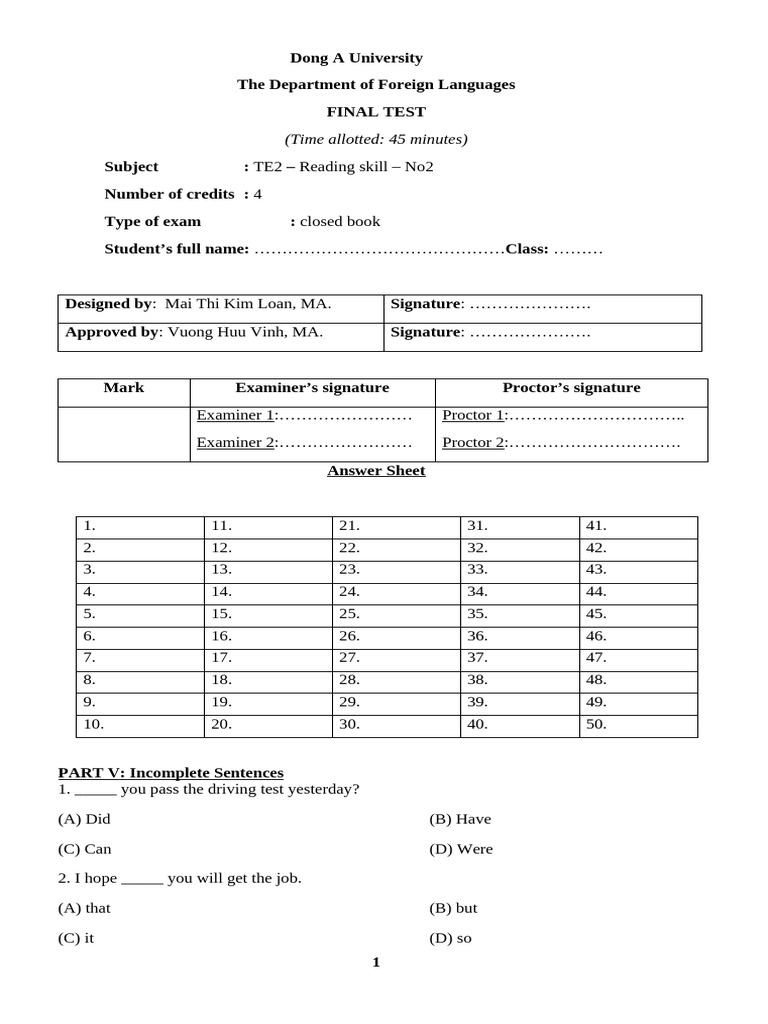 Final Test - Te2 - Reading - No2.Docx | PDF | Audition