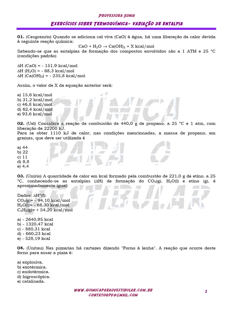 Exercícios de Termoquímica e Entalpia | PDF | Combustão | Entalpia