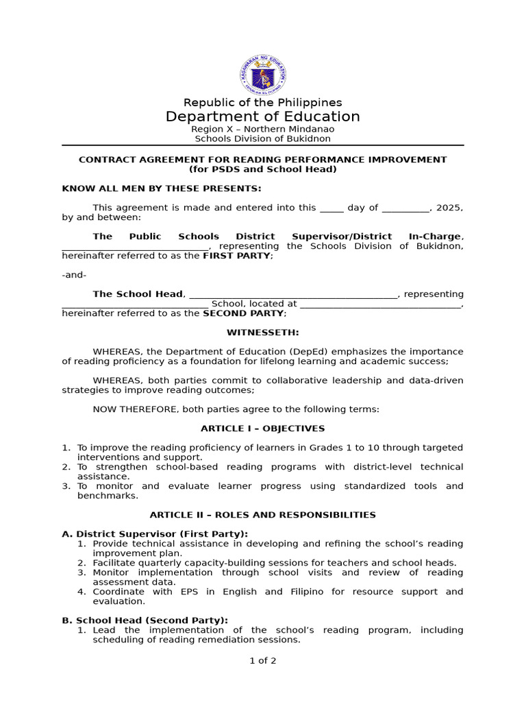 Contract Agreement READING PSDS and School Head | PDF | Capacity ...