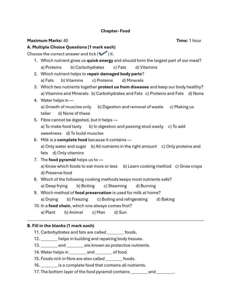Class 4 Food Test Paper | PDF | Foods | Cooking