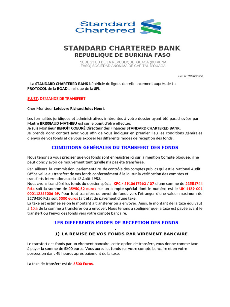 Transfert de fonds à la Standard Chartered | PDF | Banques | Argent