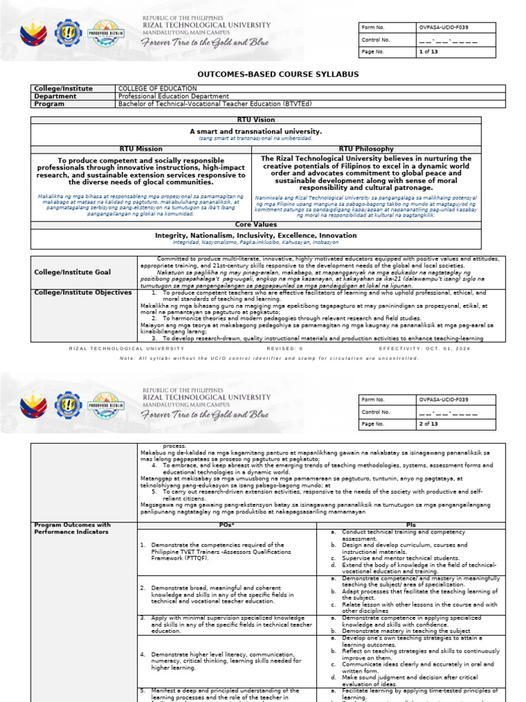 2025 Profed4 Ced Ovpasa Ucio f039 Obe Course Syllabus Mandaluyong Main ...