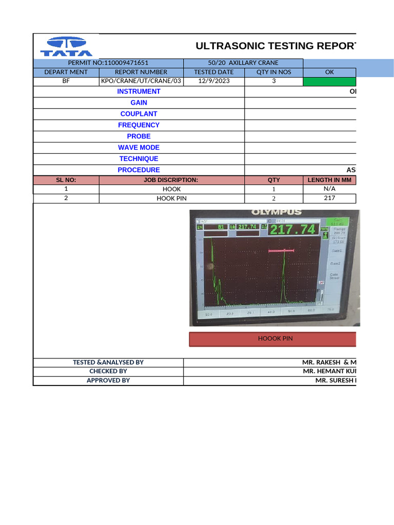 Ultrasonic Testing Report for Crane | PDF