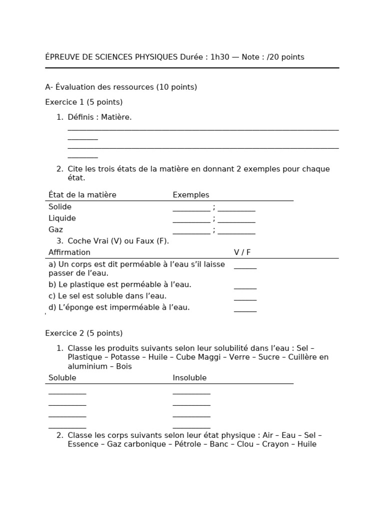 Épreuve de sciences physiques : matière et solubilité | PDF | Eau ...