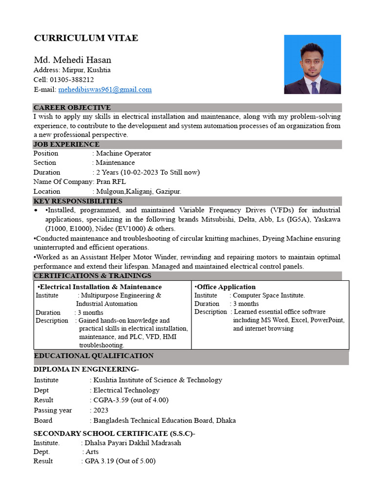 Electrical Technician CV - Md. Mehedi Hasan | PDF