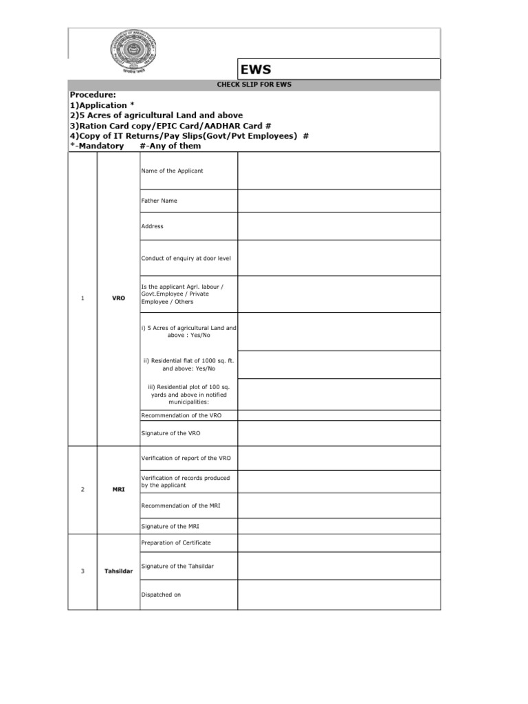 EWS Application Check Slip Guide | PDF