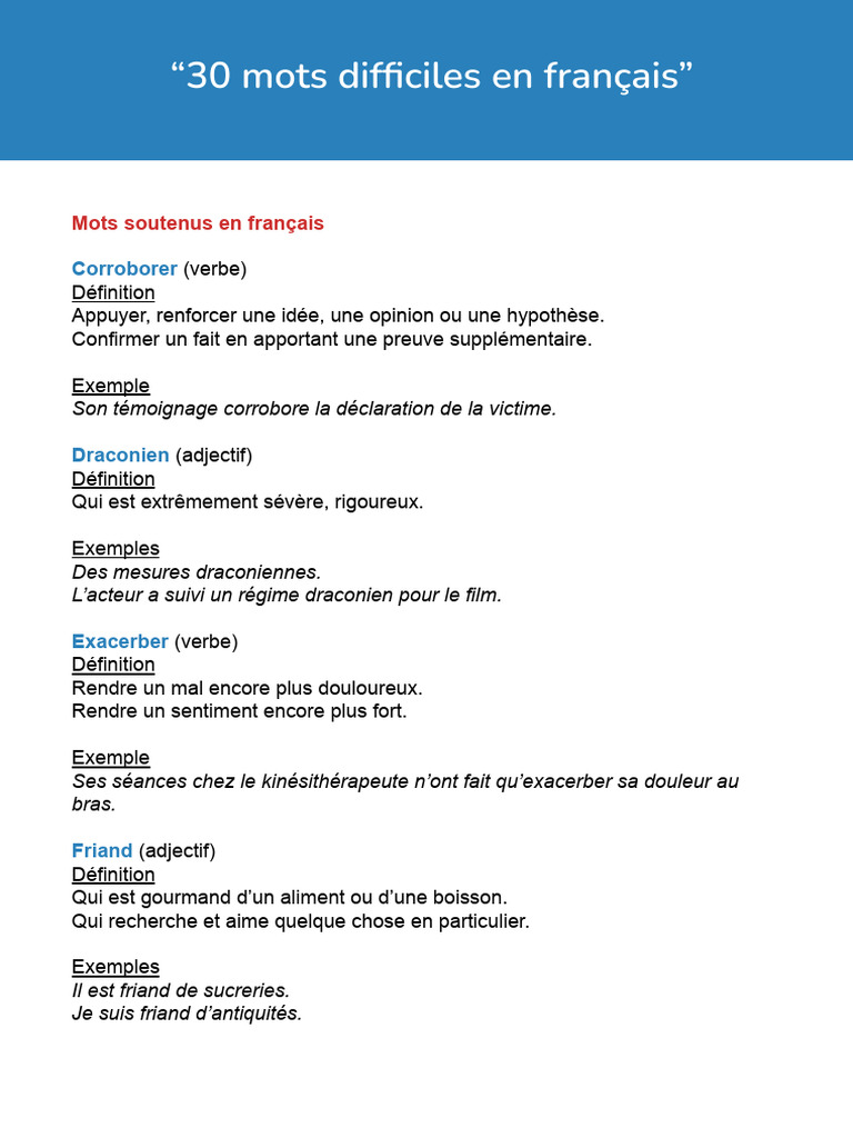 30 mots difficiles en français | PDF | Sémantique | Grammaire