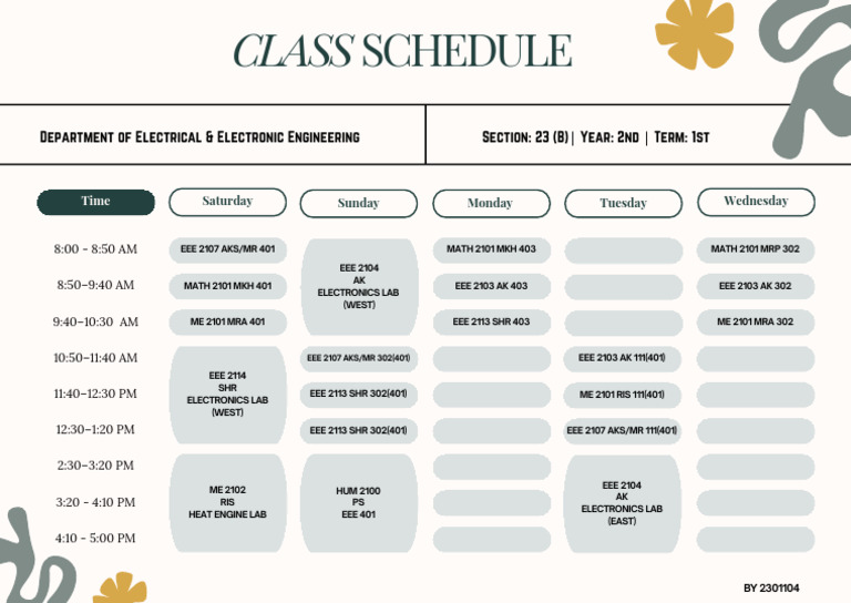 Electrical Engineering Class Schedule | PDF