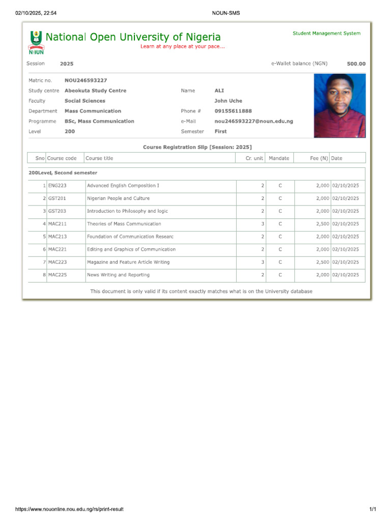 Ali Course Registration Slip | PDF