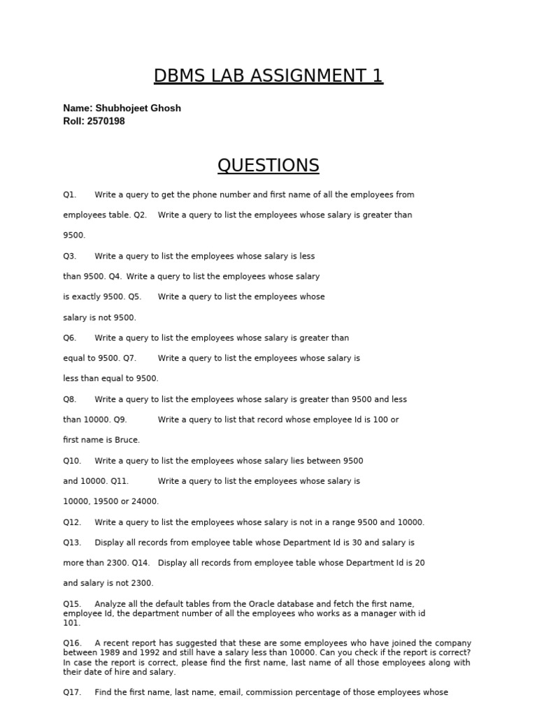 DBMS Lab Assignment: Employee Queries | PDF | Databases | Data Management