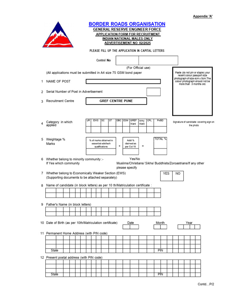 GREF Recruitment Application Form 2025 | PDF
