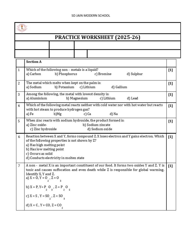 Chemistry Worksheet: Metals & Nonmetals | PDF | Metals | Sodium