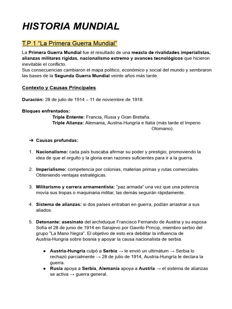 Causas y Consecuencias de la Primera Guerra Mundial | PDF | muro de ...