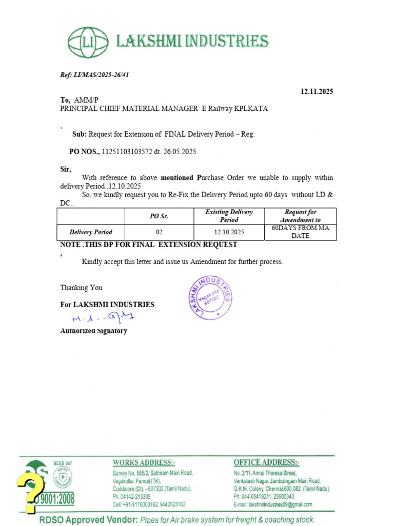Request for Delivery Period Extension | PDF