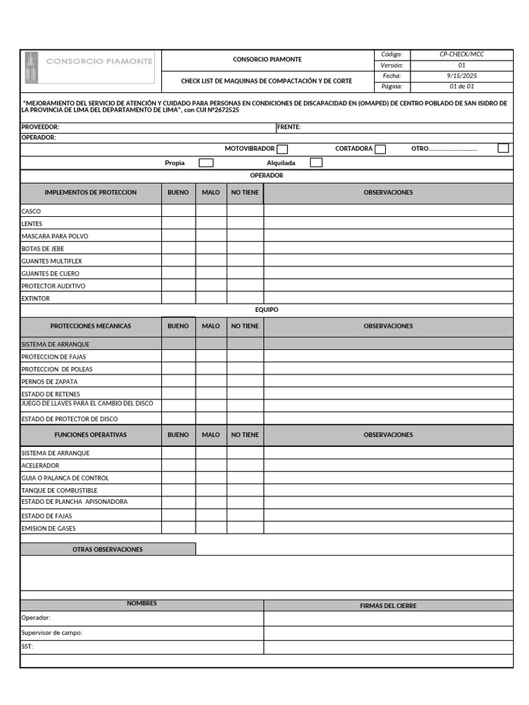 Checklist de Maquinaria de Compactación | PDF