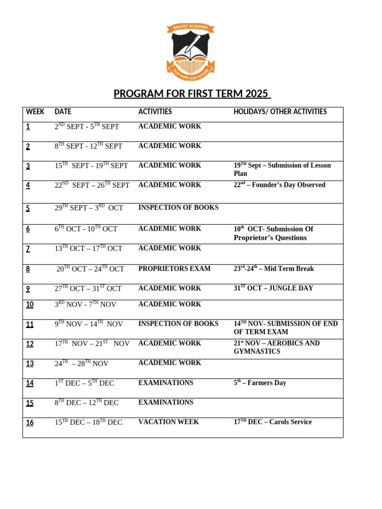 Program For First Term 2025 | PDF