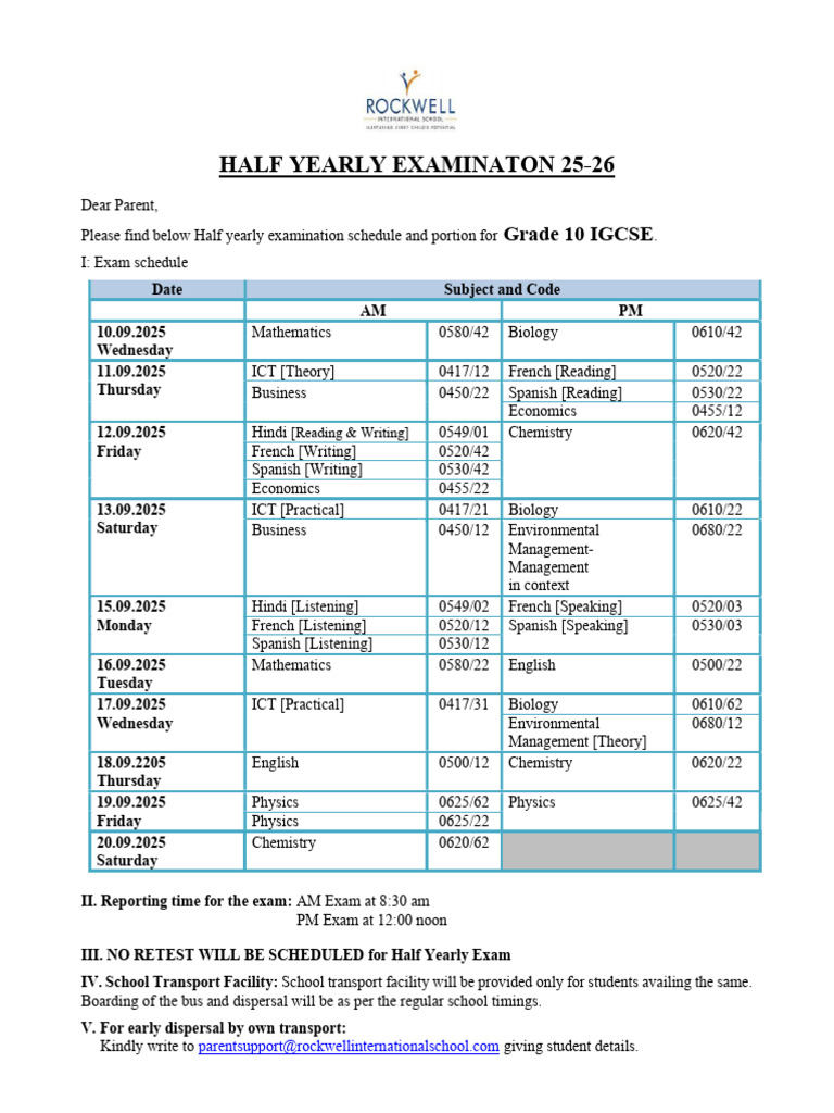 Grade 10 IGCSE Half-Yearly Exam Schedule | PDF | Chemical Reactions ...