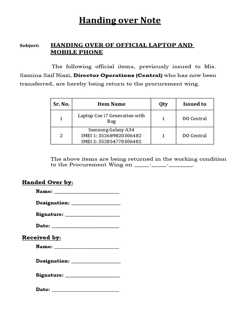 Handing Over Note | PDF