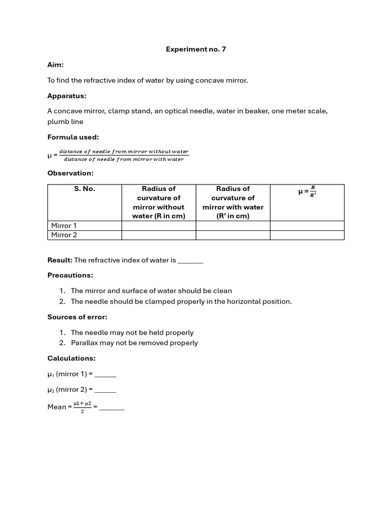 Refractive Index of Water Experiment | PDF