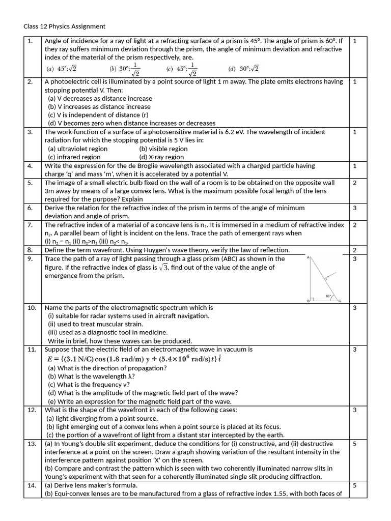 Class 12 Physics Assignment Questions | PDF | Refractive Index | Refraction