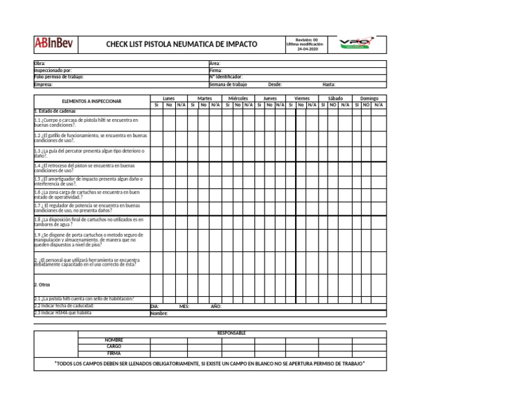 Checklist de Inspección Pistola Neumática | PDF | Pistola | Cartucho ...