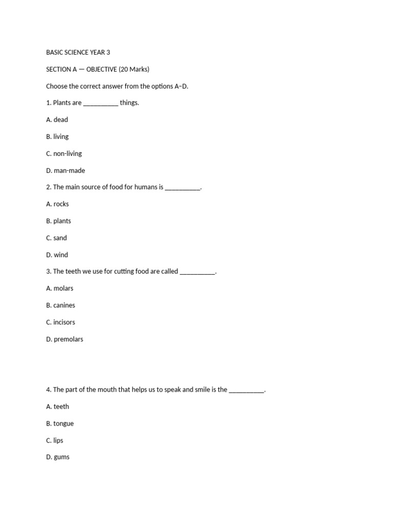Year 3 Basic Science and Numeracy Quiz | PDF | Skeleton | Subtraction
