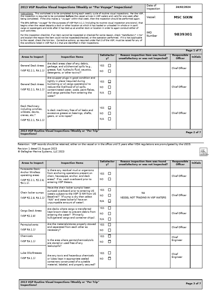 Weekly VGP Visual Inspection Checklist | PDF