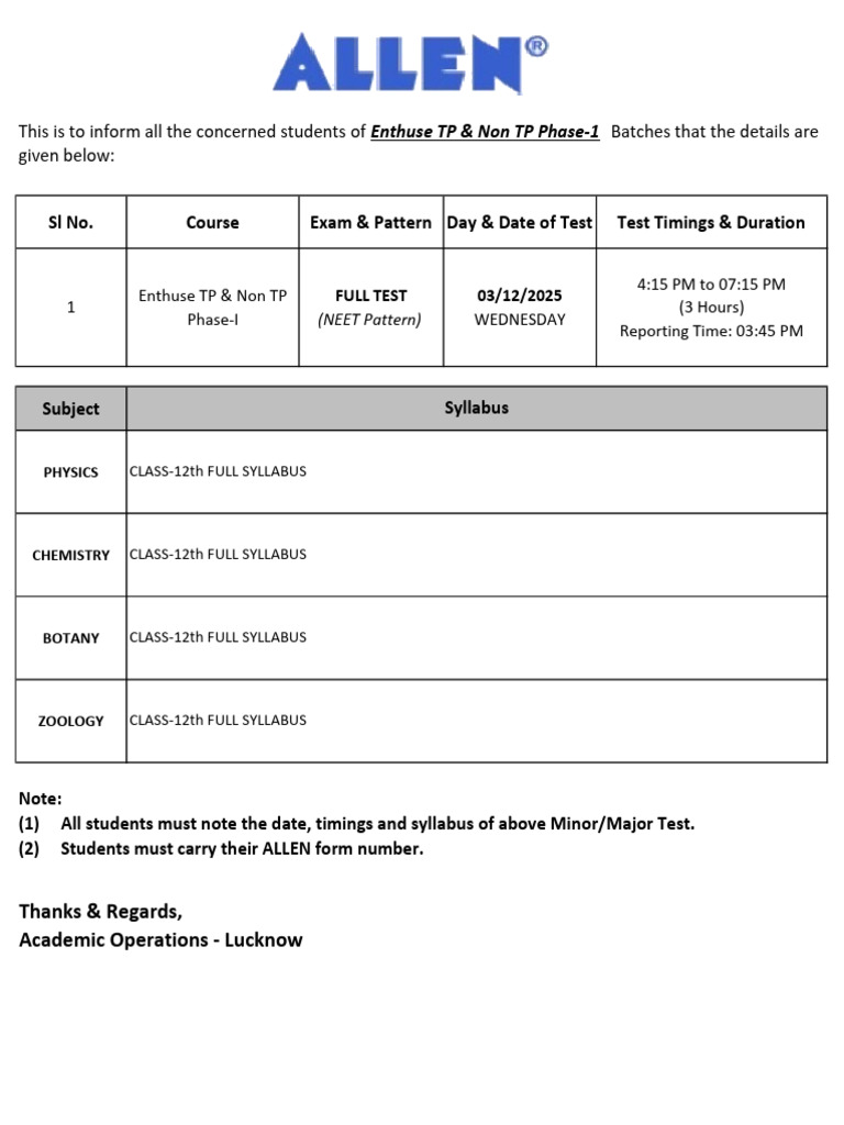NEET - Enthuse TP & NTP - Phase-1 - Full Test | PDF