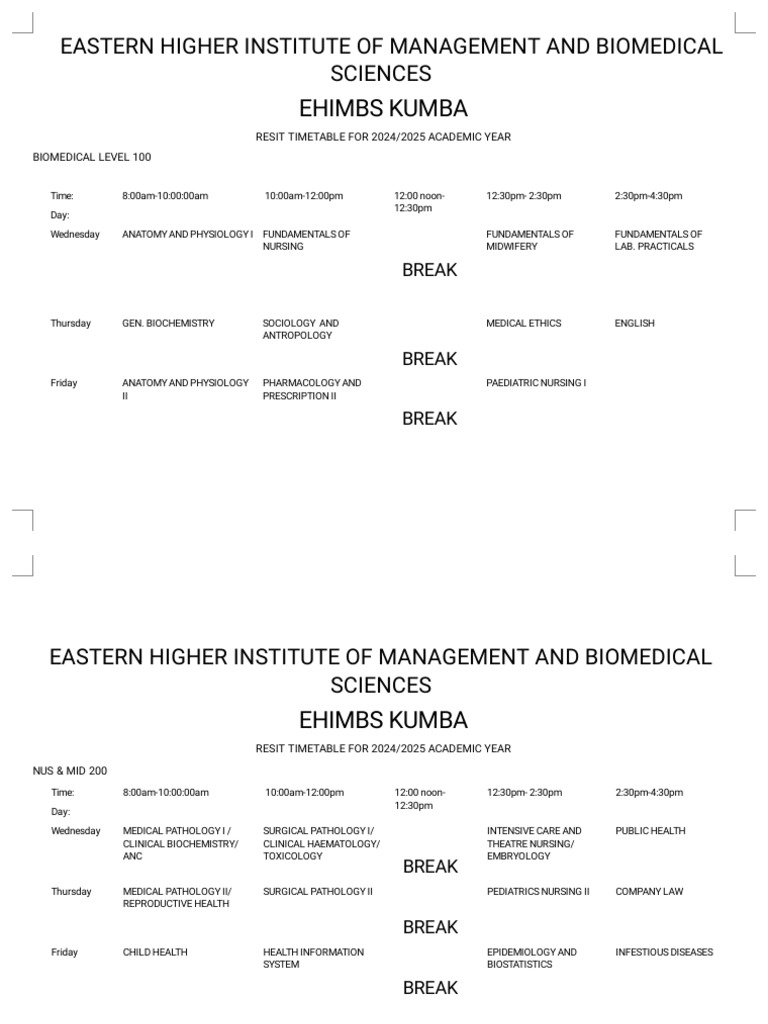 EHIMBS 2024/2025 Resit Timetable | PDF | Pathology | Health Care