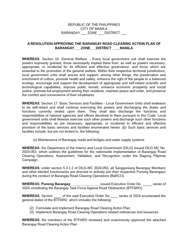 Barangay Road Clearing Action Plan Approval | PDF | Legal Documents ...
