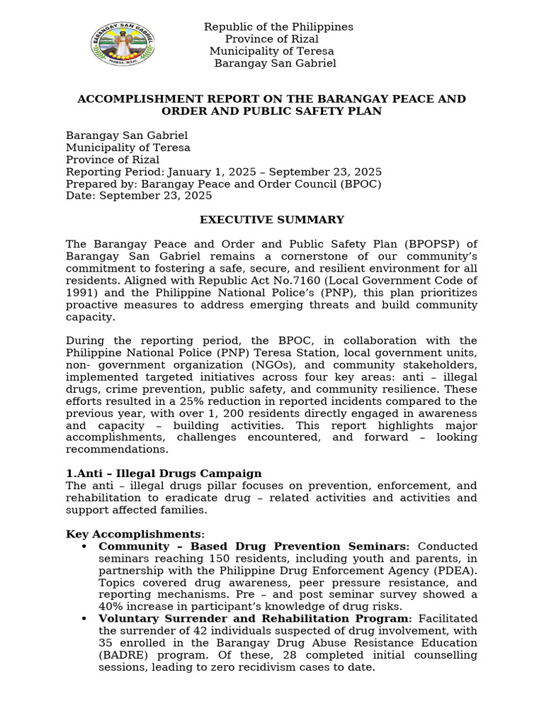Barangay Peace and Order Public Safety Plan Accomlishment Report | PDF ...
