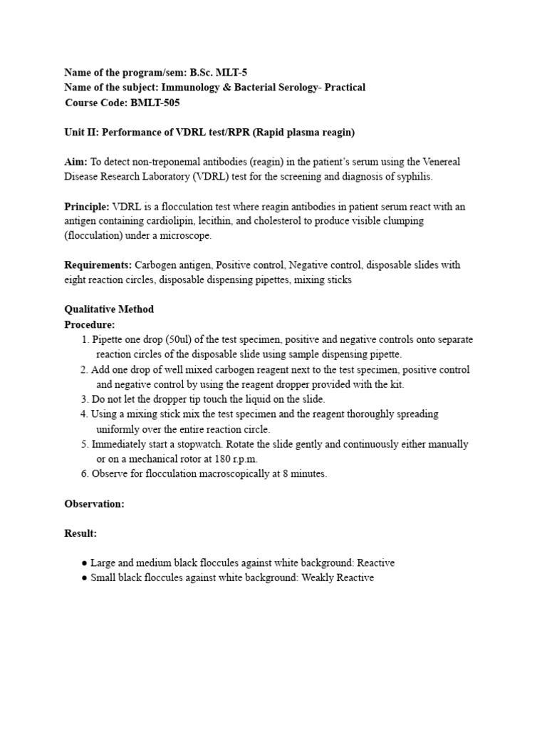 VDRL Test Procedure for Syphilis Detection | PDF | Serology | Medical ...
