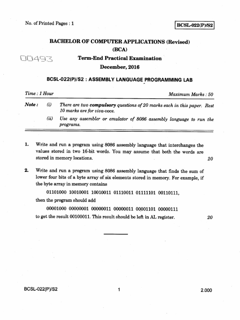 BCA Assembly Language Lab Exam Guide | PDF
