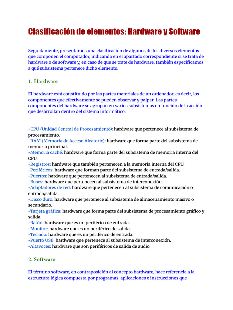 Clasificación de Hardware y Software en PCs | PDF | Hardware de la ...