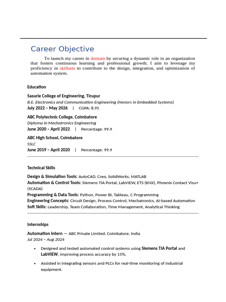 Electronics Engineering Career Objective | PDF | Automation | Mechatronics