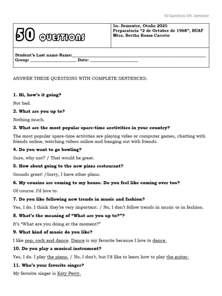 50 Questions for 5th Semester Students | PDF