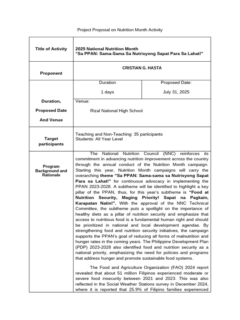 Project Proposal On Nutrition Month | PDF | Food Security | Nutrition