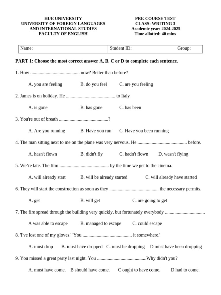 Pre-Course Test - Writing 3 | PDF