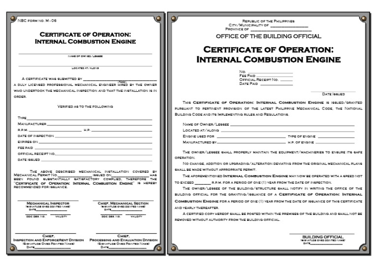 Certificate of Operation for Engines | PDF