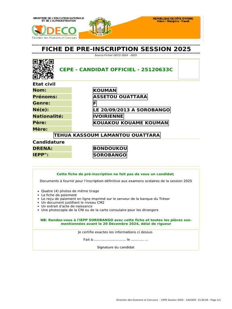 Inscription CEPE 2025 : Documents requis | PDF