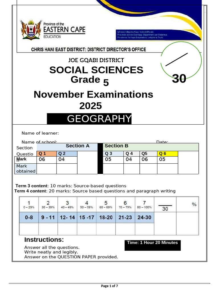 Grade 5 Geography Exam November 2025 | PDF | Rain | Coal