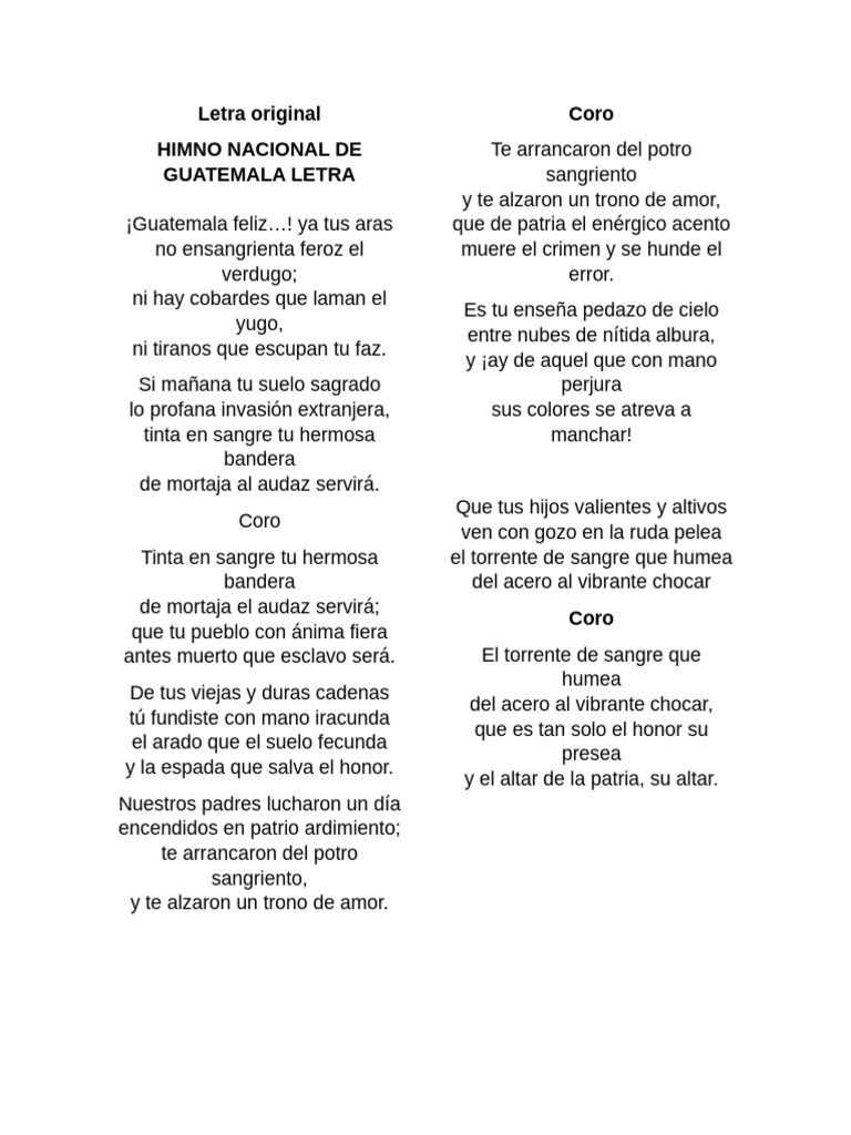 Letra del Himno Nacional de Guatemala | PDF