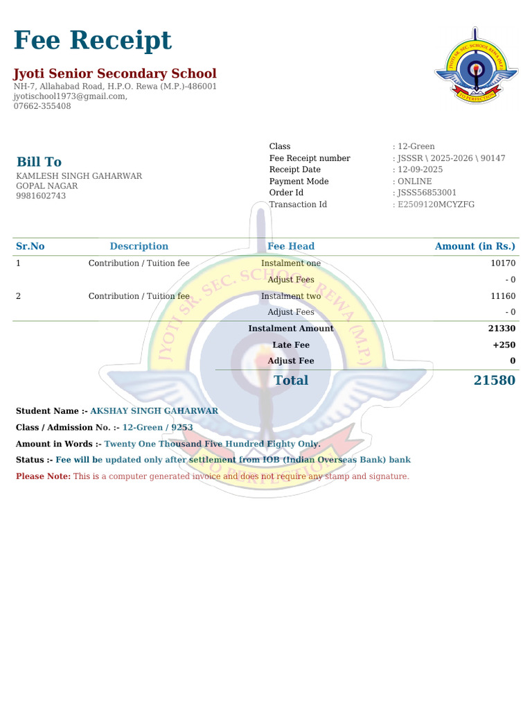 Fee Receipt for Class 12 - Jyoti School | PDF