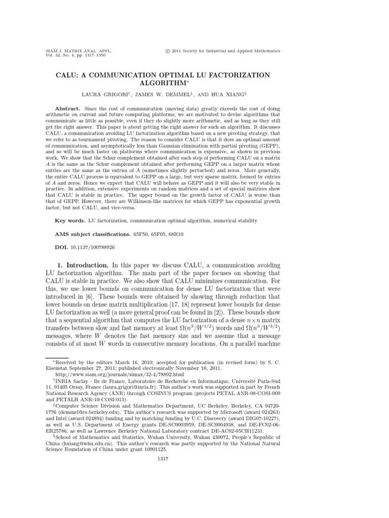 Calu A Communication Optimal Lu Factorization | PDF | Matrix ...