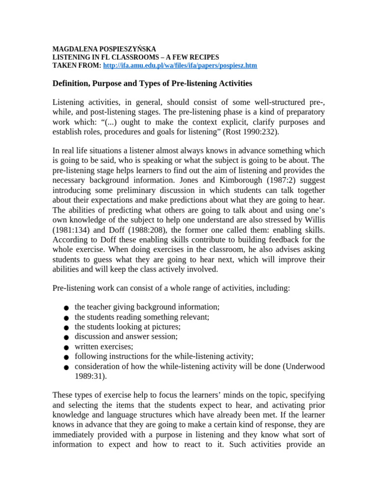 4. LISTENING IN EFL CLASSROOMS | PDF | Teachers | Learning